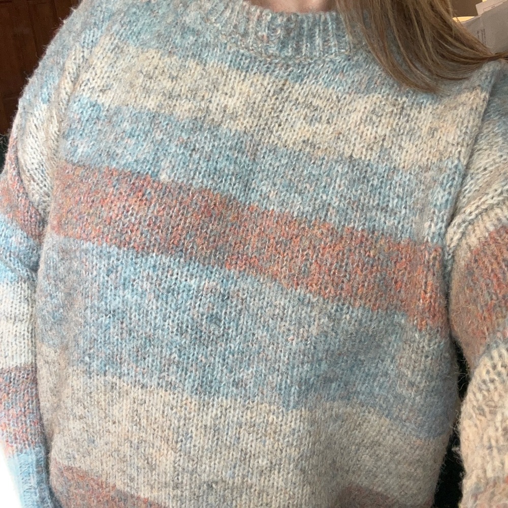 Blue and Tan Striped Oversized Sweater
